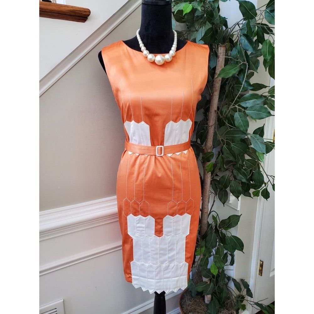 Grifflin Women Orange Polyester Round Neck Sleeveless Knee Length Dress Size M